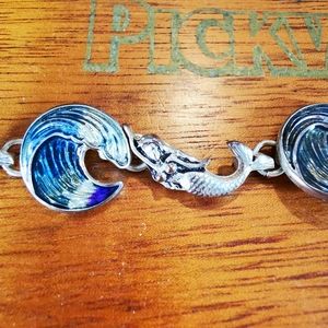 Mermaid and Wave Enamel on Silver Tone Bracelet